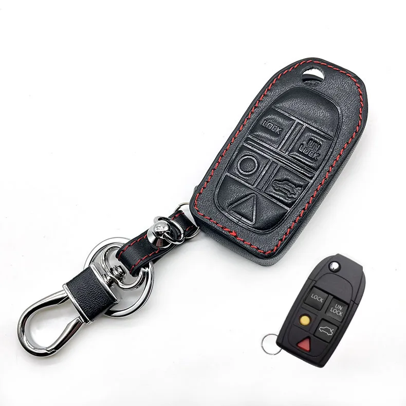 Leather Car Key Case For Volvo S80 S60 V50 V70 XC70 XC90 5 Button Remote Fob Shell Cover Keychain Protector Bag Auto Accessories