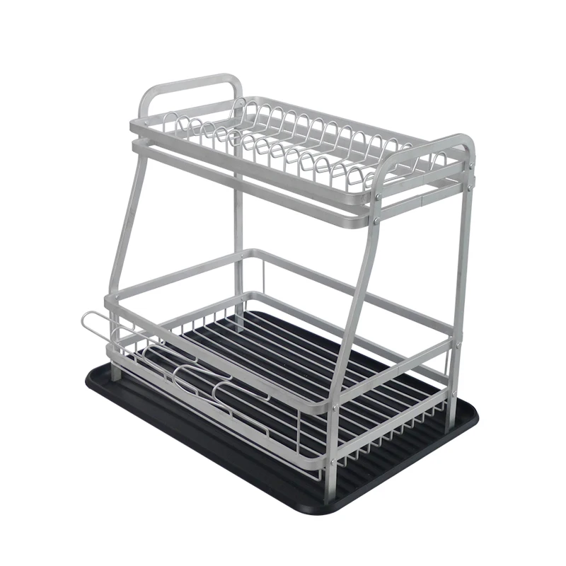 2-Tier Large Metal Kitchen Countertop Standing Dish Drying Rack Set with Removable Drainboard Cup Holder