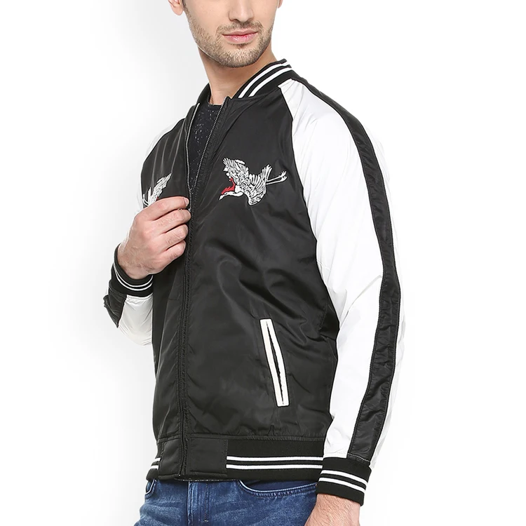 black and white colourblocked raglan sleeve with front chest embroidery satin letterman jackets for mens