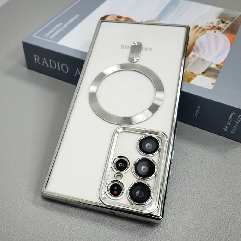 Luxury Transparent Plating Magnetic Case for Samsung Galaxy S21 S22 S23 Ultra Plus Wireless Charger Silicone Clear Cover Cases