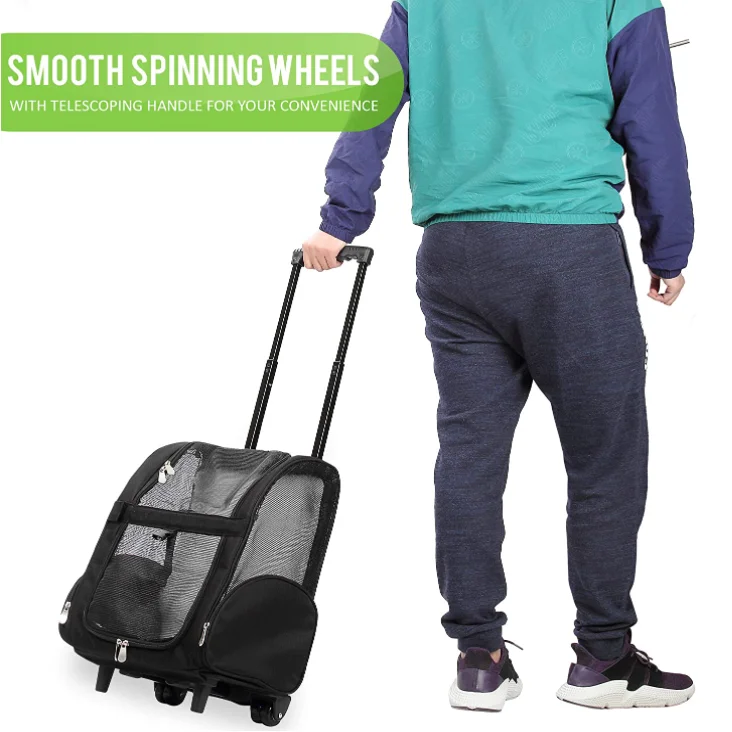 Multi-Function Breathable Mesh Fabric Oxford Black Pet Carrier Bag With Wheels Pet Travel Trolley Backpack Approved by Airlines