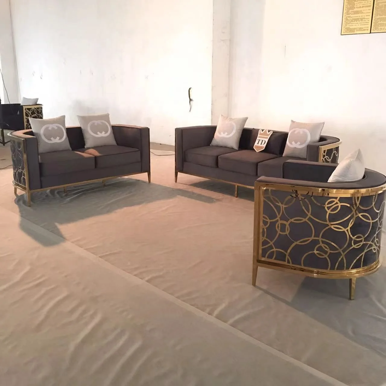 Luxury Shiny Gold Stainless Steel 123 Velvet Sofa Set Accent Chair Love Seat Lounge for Living Room Dining Office Furniture