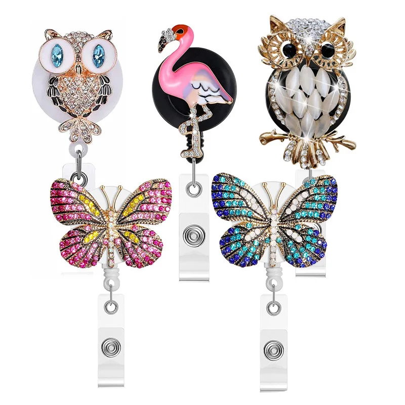 Fancy Blue Pink Crystal Retractable Nurse Decoration Animal Rhinestone ID Badge Reels
