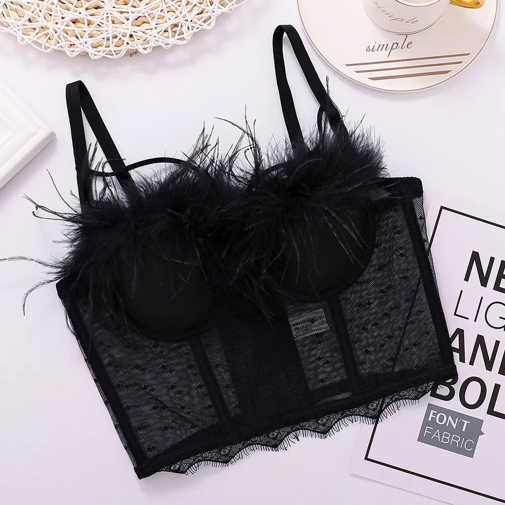 Summer Feathers New Nightclub Camisole Underwear Slim Lace Sexy Bra Black Women Bustier Corset