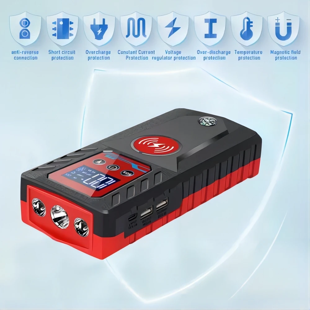 Multifunctional 4-in-1 Jump Starter with Inflator and Wireless Power Bank LED Light Jump Starter with Inflator Ca