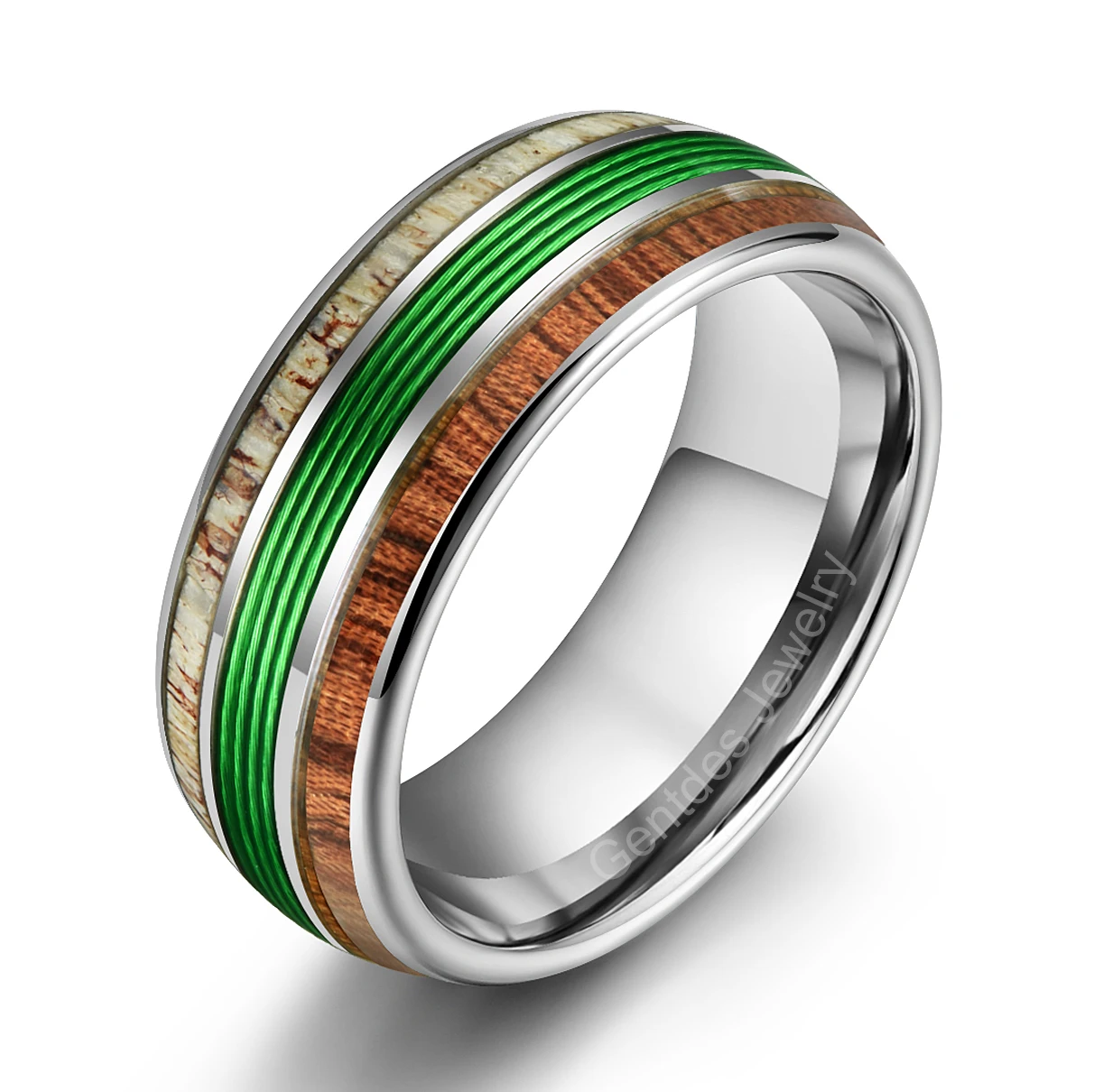 Gentdes Jewelry Fashion Green Fishing Line Ring with Elk Antler and Makore Wood Tungsten Carbide Blank Ring for Men