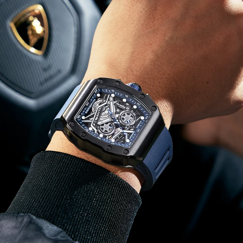 OEM Stainless Steel FKM Fluororubber Waterproof Outdoor Automatic See Through Chronograph Watch