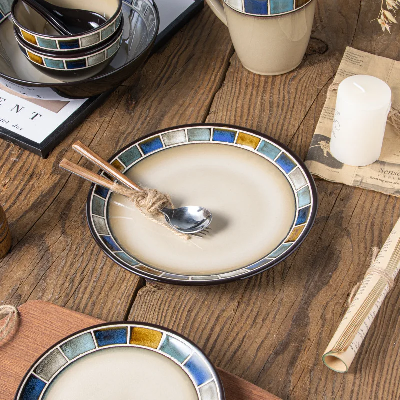 Underglaze blue plaid ceramic tableware set porcelain Hand painted Salad bowl dish Rice bowl steak plate fish