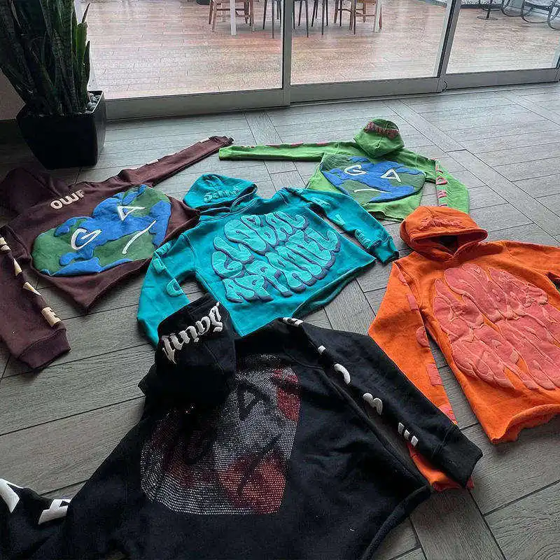 Clothing manufacturer crop cut edge blanks hoodies sweatshirt vintage custom puff print oversized no raw hem cropped hoodie men