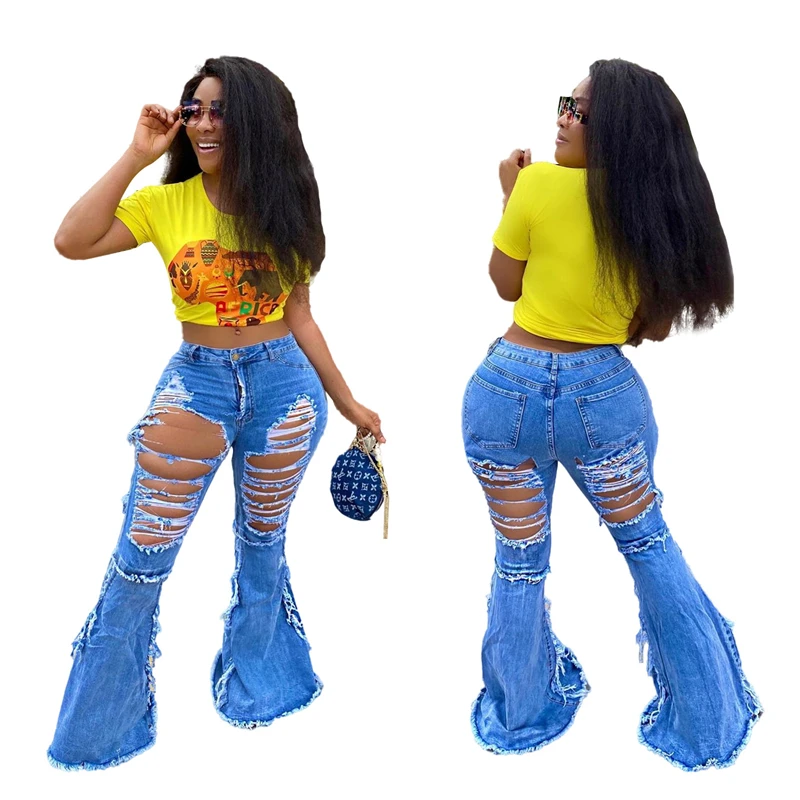 
Denim Jeans Women Ripped Bell Bottom Jeans Custom Distressed Denim Ladies Fabric Destroyed Ripped Flare Jeans Women 