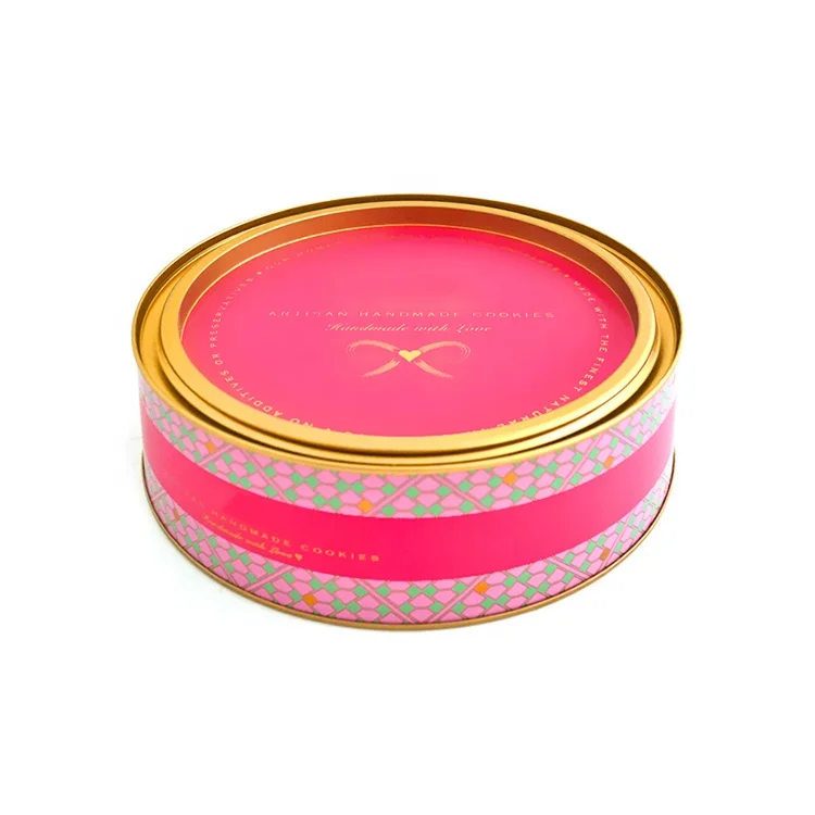 Custom food grade fashion airtight round cookie metal box snack tinplate canister lever lid tin can for gilt candy chocolate