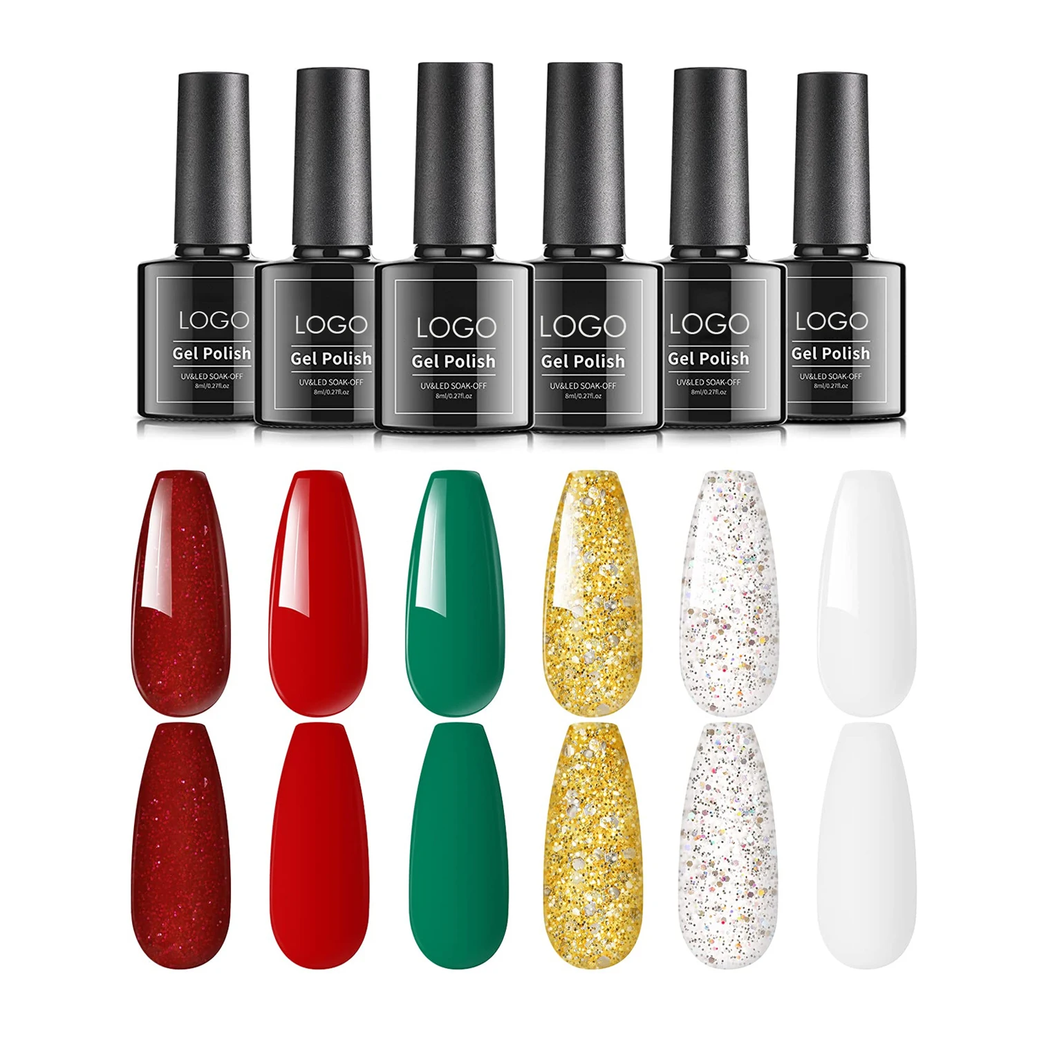 Christmas custom labels red green glitter smooth highly shiny uv gel nail polish