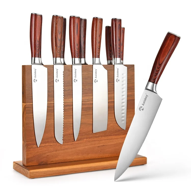 Asiakey Green Pakka Wood Handle 7pcs Knife Set with Magnetic Knife Block Holder