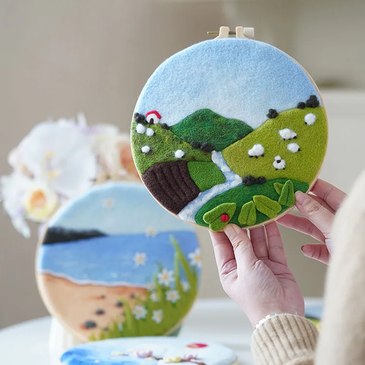 Creative Landscape Pattern Wool Handmade DIY Needle Felting Kits  Home Decoration Crafts Gift With Embroidery Frame