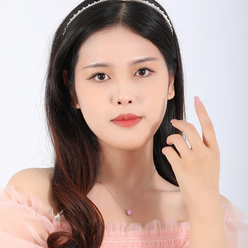 Cartoon Style 925 Sterling Silver 18K Gold Plated Women Pink Zircon Diamond Love Heart Shape Pendant Necklace