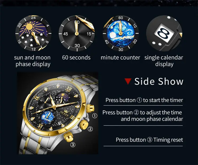 OLEVS 9807 special custom brand  gents quartz watch original Stainless steel band Luminous Chrono stars sun Casual hand watch