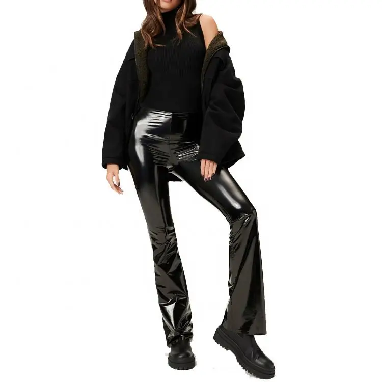 Vinyl Shiny Leather Flare Pant Custom Design High Waist Women Fashion Pant