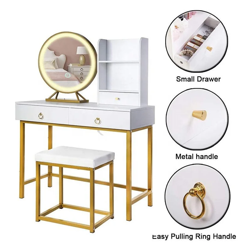 Dressing Table Makeup Speaker Vanity Table with Drawers LED Mirror and Stool Mirrored Dresser Mirrored Vanity Table