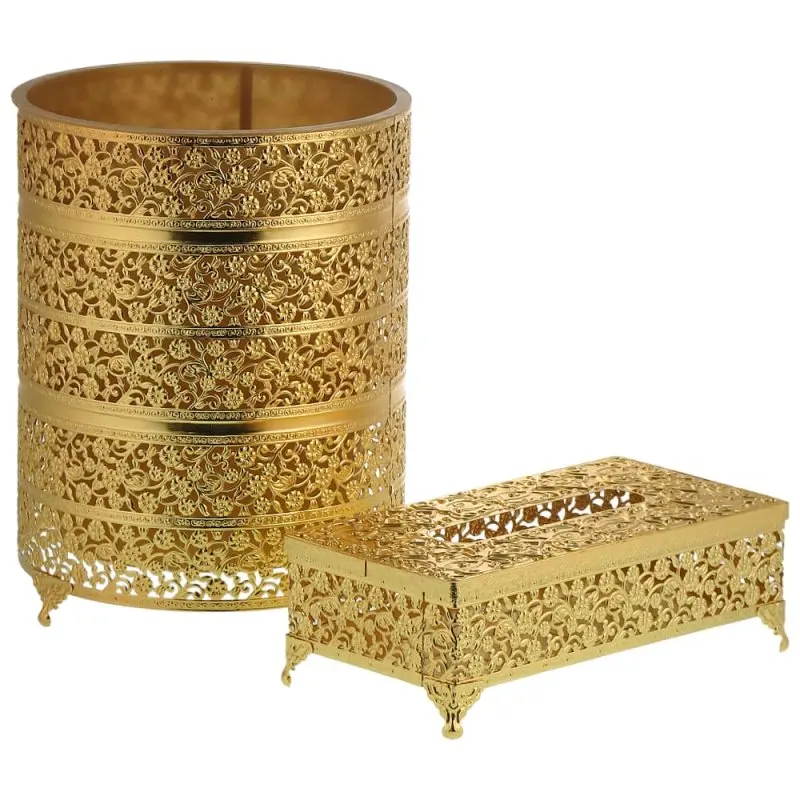 Luxury Gold Plate Waste Bin With Tissue box Set For Hotel Home Use Arabic Styles