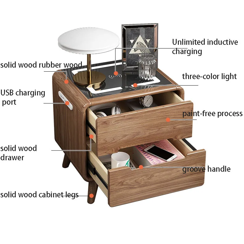New Chinese smart bedside table bedroom storage cabinet with lamp simple rechargeable storage cabinet