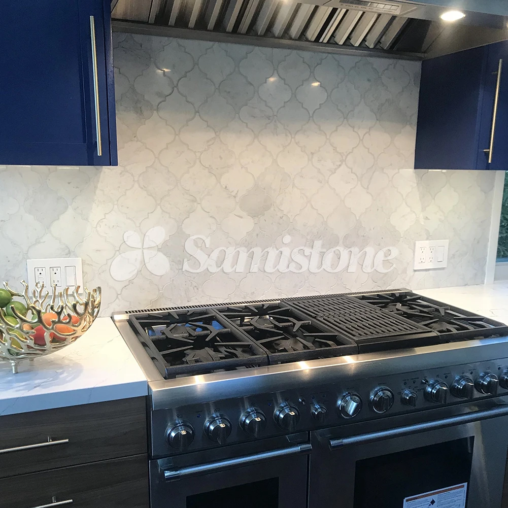 Samistone Bianco Carrara Lantern Shape Arabesque White Marble Mosaic Tile for Backsplash