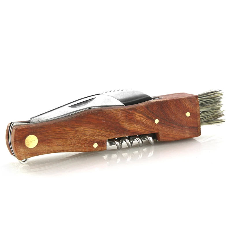 Amazon Hot Selling Rosewood Handle 5 in1 Brush Cork Screw Bottle Opener Keychain Folding Mushroom Knife