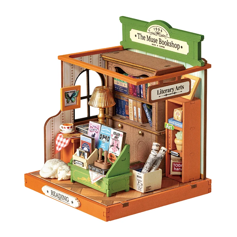 Robotime Rolife Perfect Gift DIY Miniature House DS040 The Muse Bookshop Model Kit 3D Wooden Puzzles
