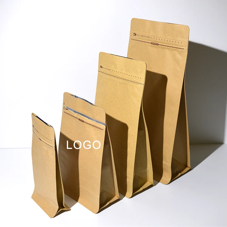 Biodegradable Coffee Bags With Valve And Zipper Custom Paper Coffee Packaging Bags Flat Bottom Coffee Bean Bag 150g 250g