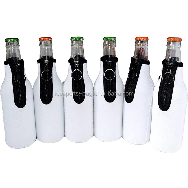 Sublimation White Blank Neoprene Zipper Beer Bottle Cooler Sleeve with Stitched Fabric Edges