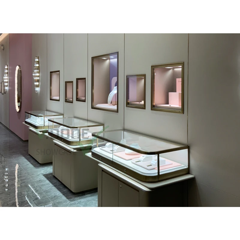luxury Jewelry Store Design glass Showcase display Cabinet standing jewellery shop counter kiosks  for mall with light