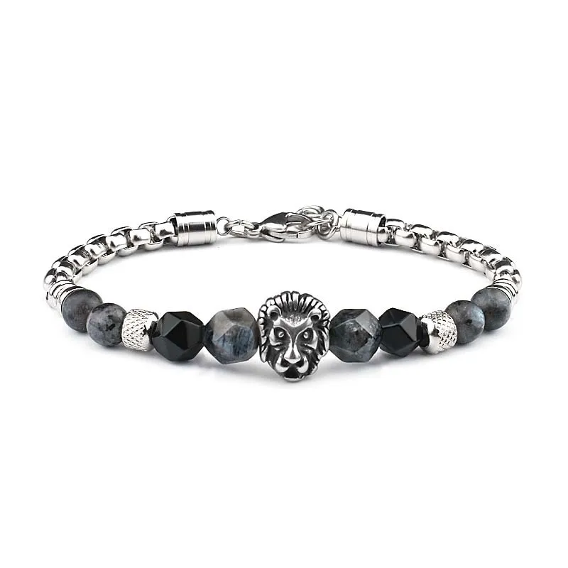 New Men Stainless Steel Silver Blue Lapis Little Lion Head Buckle Bead Bangle Bracelet