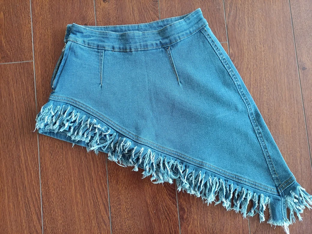 OUDINA Wholesale Streetwear Asymmetrical Mini Skirts 2023 Tassel Sexy Denim Skirt For Women