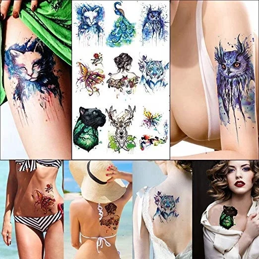 Custom Adhesive Four Color Printing Tatoo Sticker Water Transfer Owl Fox Head Plumage Bird Animals Body Art Temporary Tattoo
