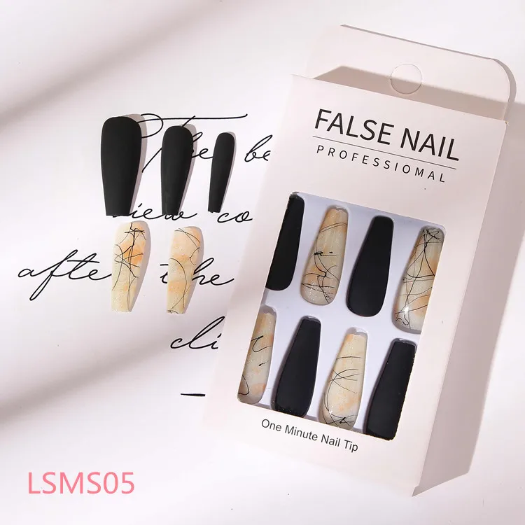 Bview Art 24Pcs Pre Designed False Nails Long Coffin Artificial Nail Tips Full Cover Ballerina Designs Press on Nails for Ladies