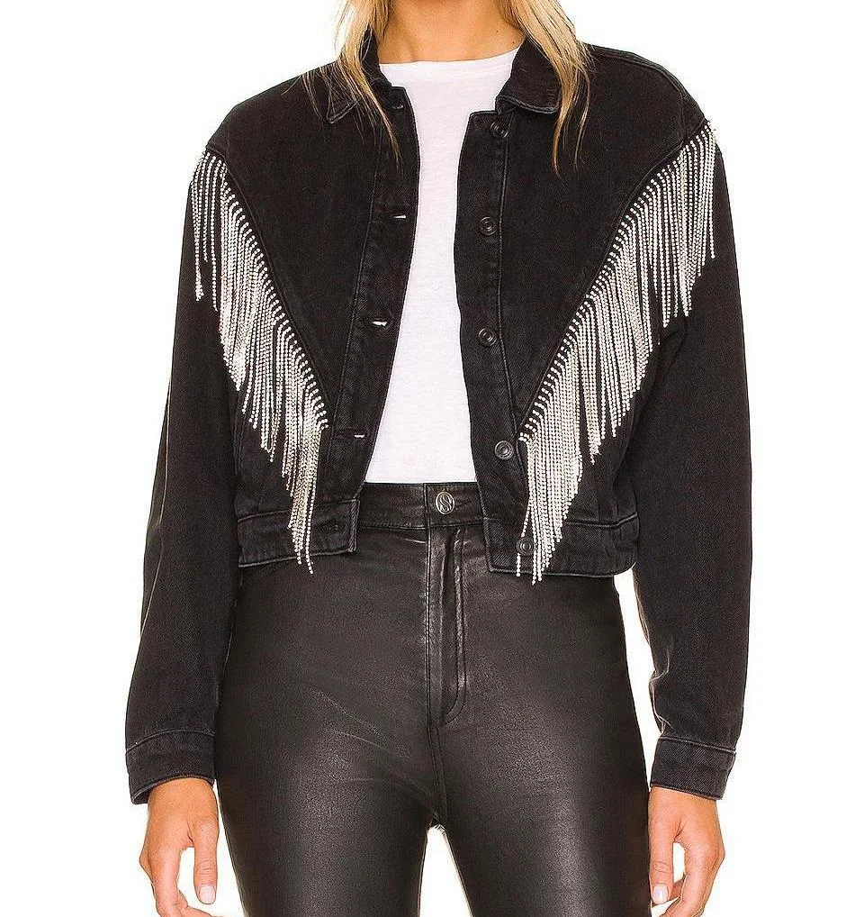 Bulk Wholesale Women Designer Jackets Rhinestone Fringe Tassel Formal Jean Jacket with Logo