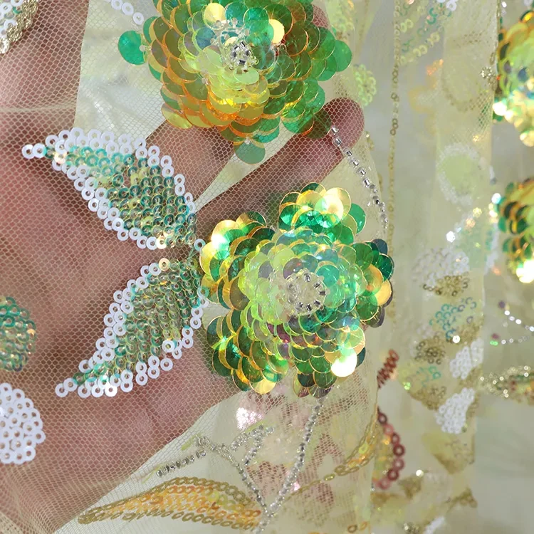 Custom Wholesale Price Colorful Beaded Lace Fabric 3d Flower Beaded Lace Fabric