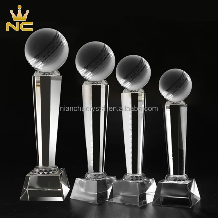Cheap Pujiang Laser Engraving Cricket K9 Crystal Ball Trophy For Cricket Match