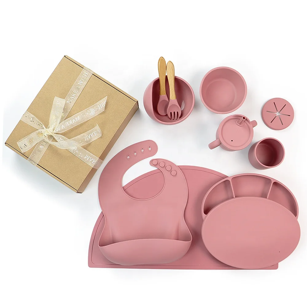 9 Pieces Wholesale Food Grade Bpa Free Baby Suction Bibs Bowl Dinnerware Silicone Feeding Set For Kids