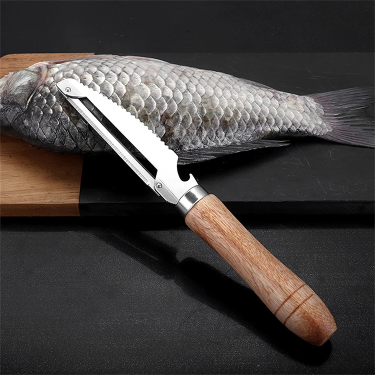 Hot Sale Find Stainless Steel Wooden Handle Silvery Multi-functional Vegetable Peeler Fish Peeler Cutting Knife Can Opener