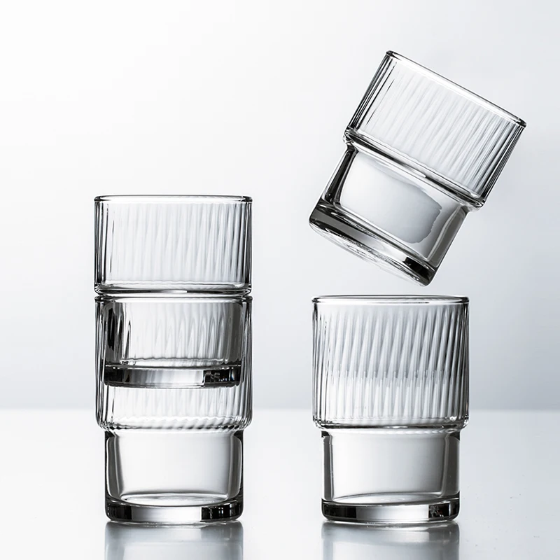 Unique clear Glass Cups Stackable Ribbed Drinking Glassware coffee tumbler glass Water glass for Cocktail Coffee Soda Juice Beer