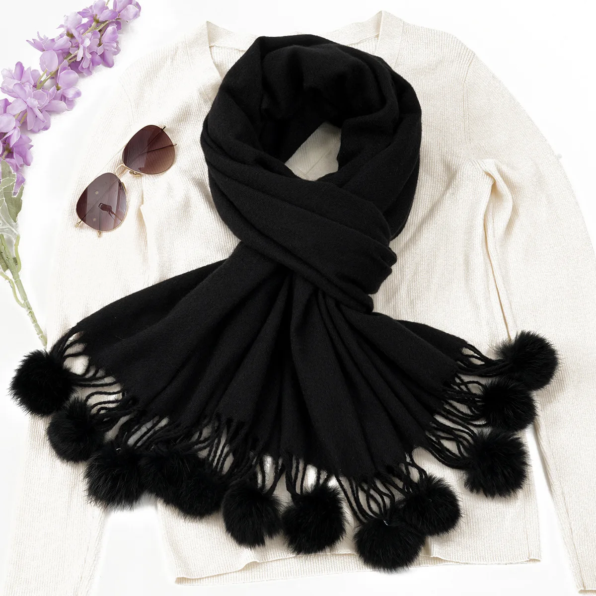 Custom Women Shawl Winter Thick Warm Wraps and Capes With Fur Ball Pom Pom Female Imitation Cashmere Pashmina Scarves