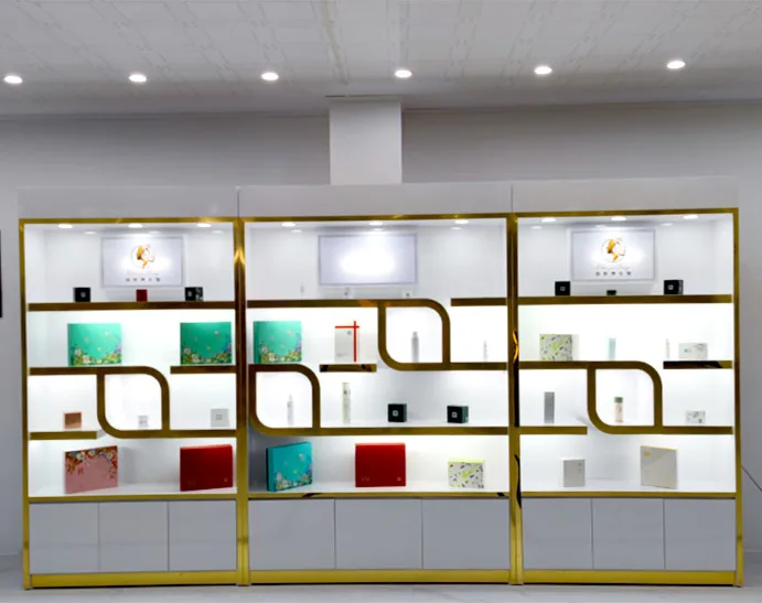 Customized White Cosmetic Store Shelves Fixtures Beauty Skincare Products Shop Wall Shelf Showcase With Led Light