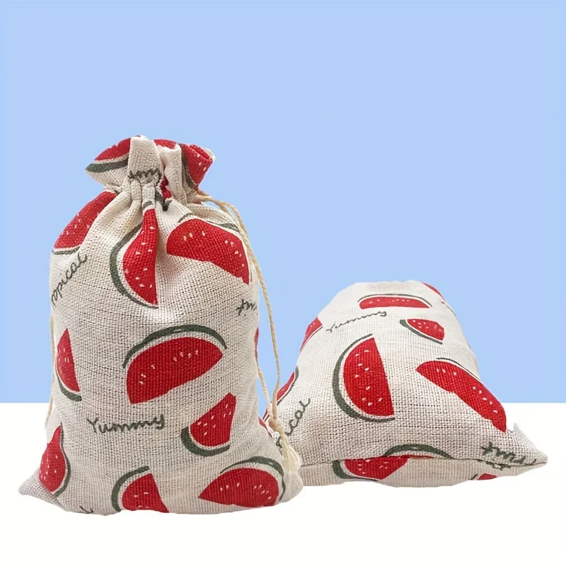 Summer Watermelon Drawstring Gift Bag Recyclable Cotton Party Favor Bag with Melon Pattern for Summer Decorations