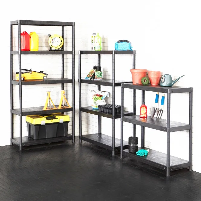 Reinforced Storage 5 Layer Medium duty Shelf Plastic Rack for Garage Warehouse Stackable Luggage Rack
