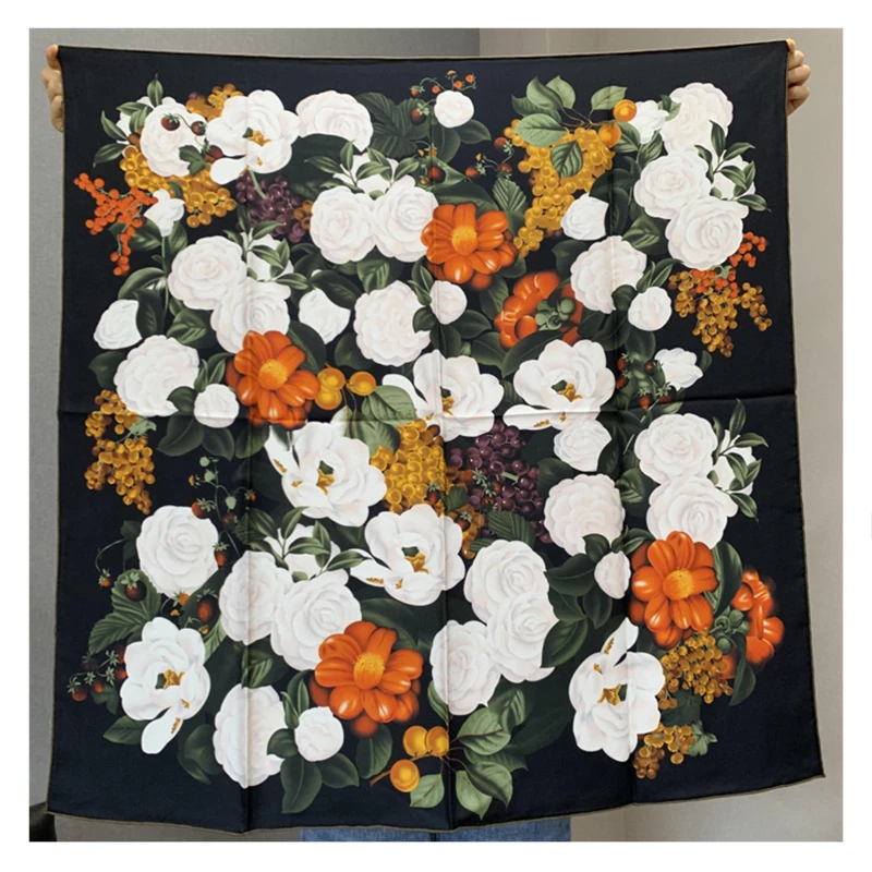 2023 NEW 18momme camellia flower double sided twill silk scarf double sides print  90x90 luxury design
