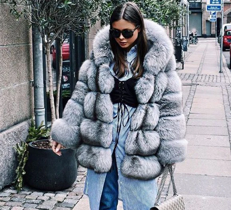 New Winter Coat Jacket Women Faux Fox Fur Coat with Hood Fashion Short Style Fake Fur Coat for Lady