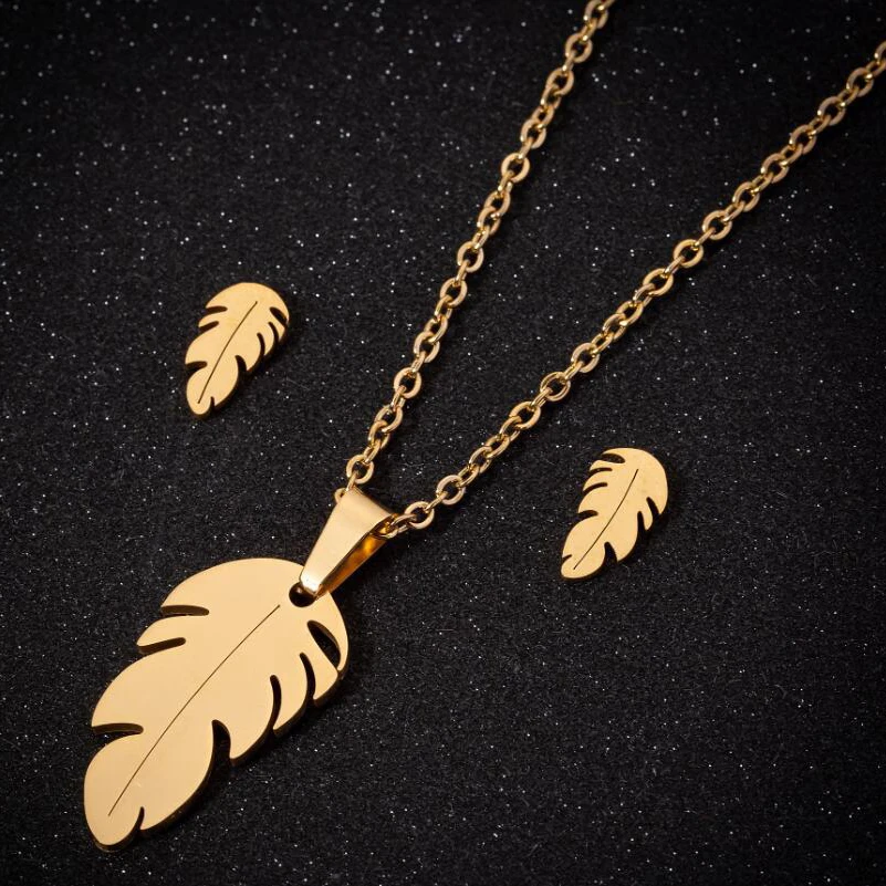 Fashion Simple Design 18K Gold Silver Plated Stainless Steel Feather Pendant Earring Necklace Jewelry Sets For Woman Lady
