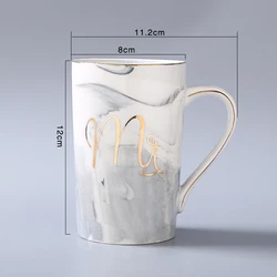 M025 High Quality Wholesale Custom couple mr and mrs set of 2 marble ceramic coffee cup mugs gift box set with lids and spoons