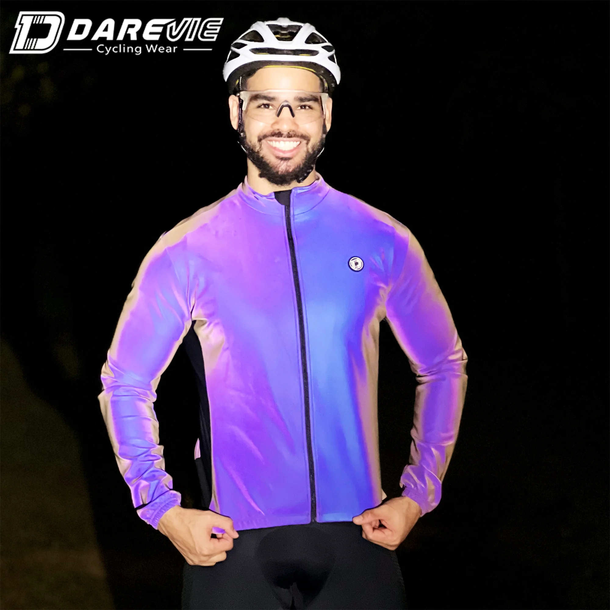 Darevie Wholesale Men Women Reflective Waterproof Night Vision 360 Cycling Jacket Rainbow Carton Stand Reflective Fabric Printed