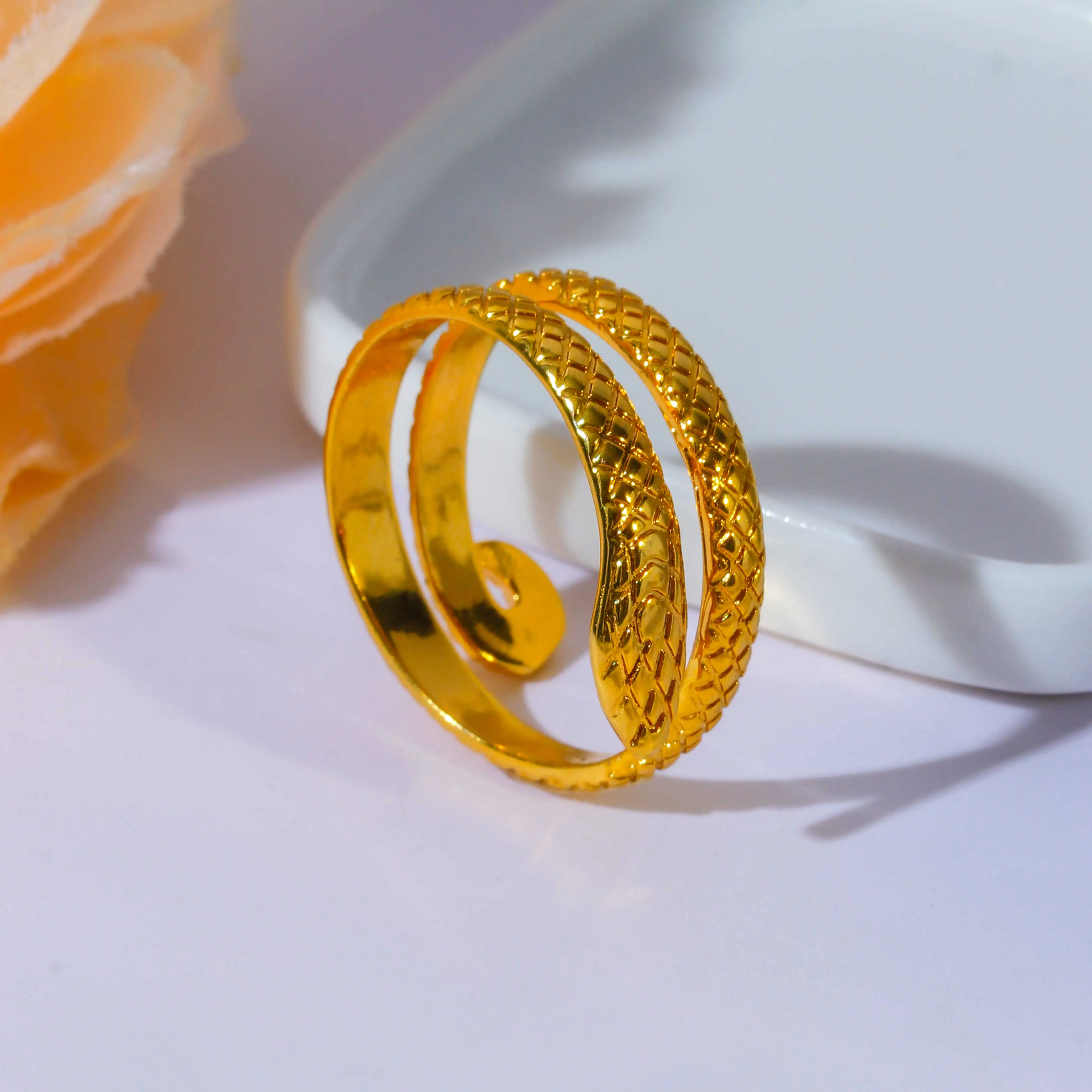 Simple stainless steel snake ring drop black glue matte plain ring plated with 18K gold sand finish ring
